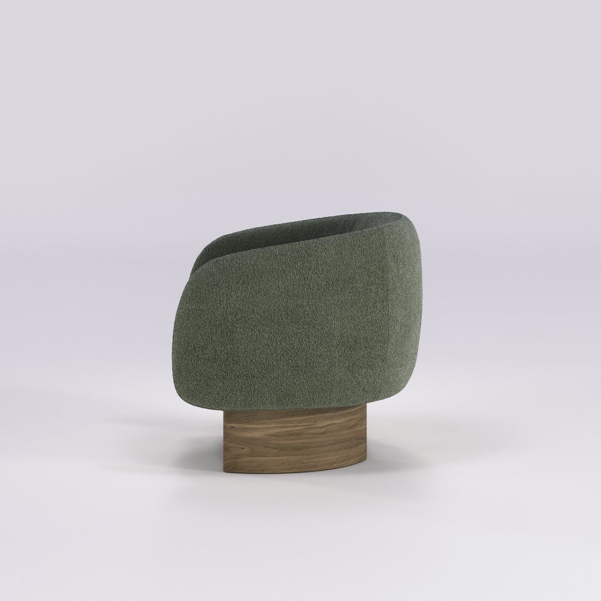 Fauteuil lounge Nido en noyer et tissu vert sauge vu de profil