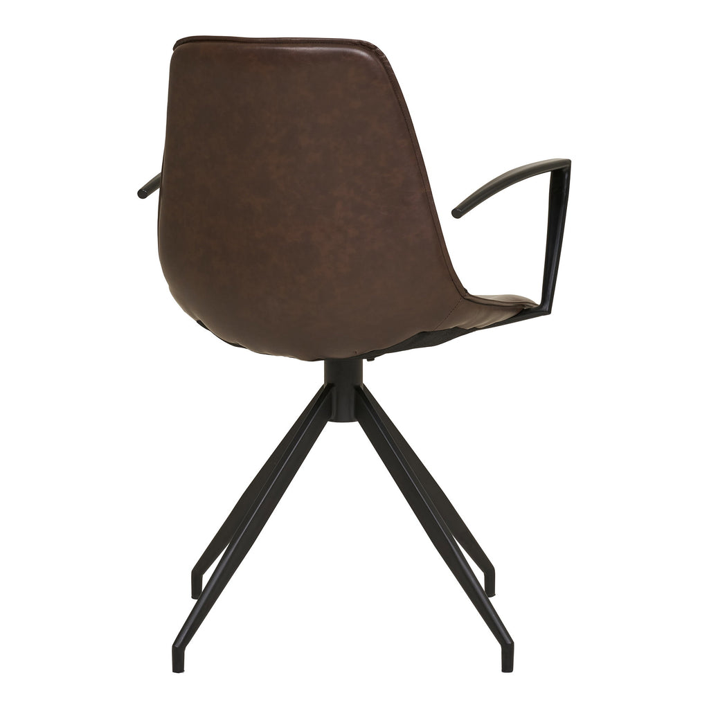 Fauteuil Monaco cuir PU marron foncé vue arrière accoudoirs métal noir et piètement étoile acier pivotant 360°