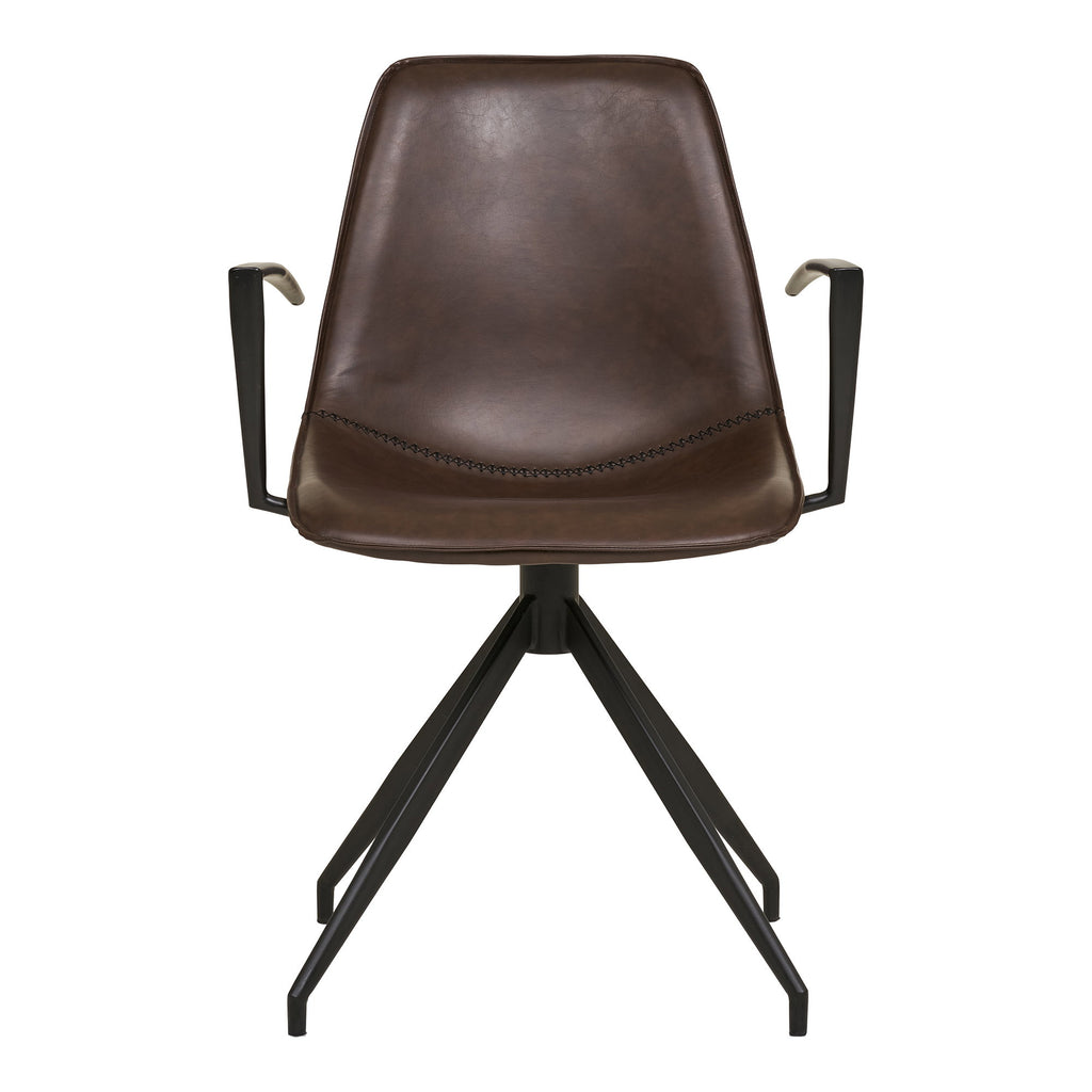 Fauteuil Monaco cuir PU marron foncé vue de face accoudoirs métal noir angulaires piqûre décorative assise piètement étoile