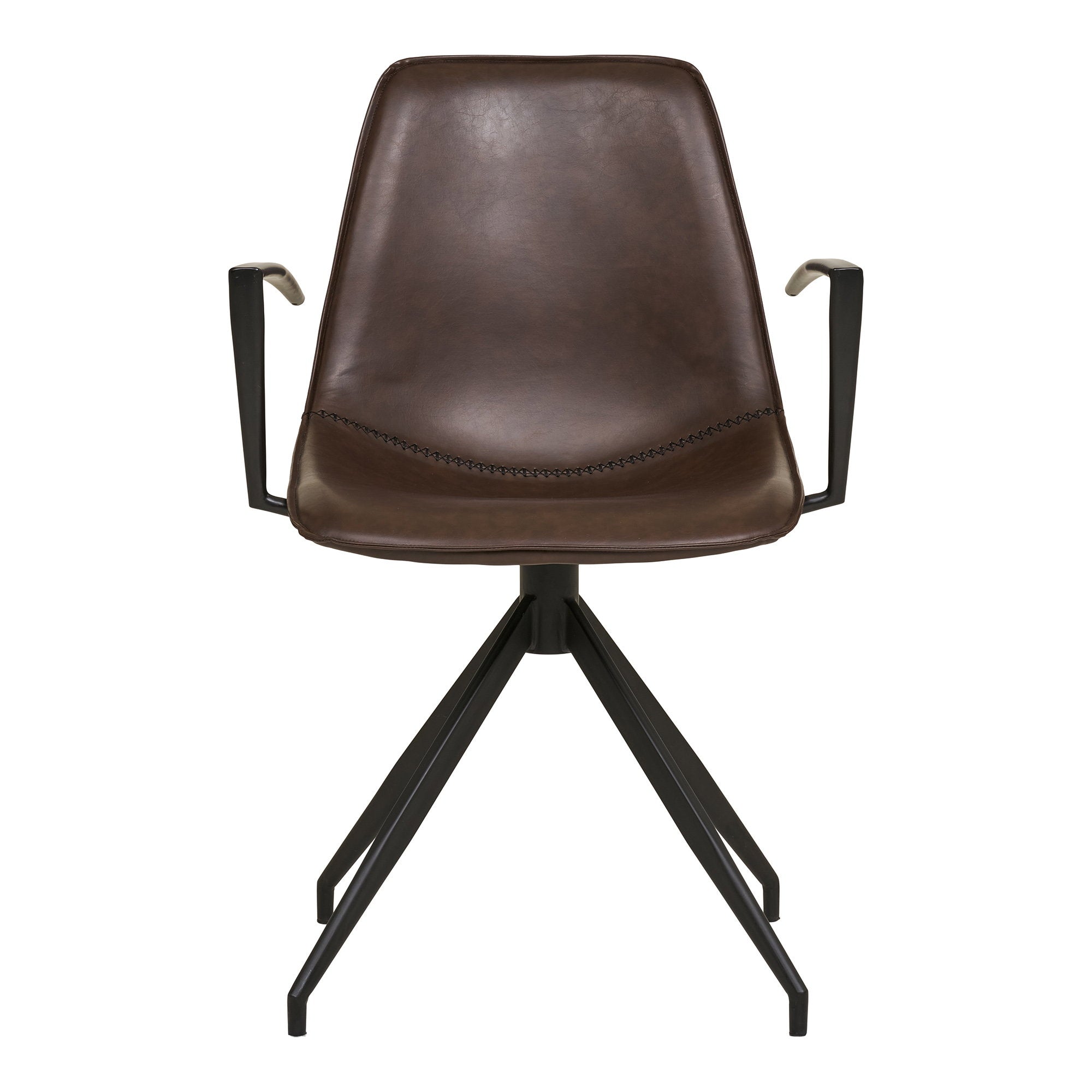 Fauteuil Monaco cuir PU marron foncé vue de face accoudoirs métal noir angulaires piqûre décorative assise piètement étoile