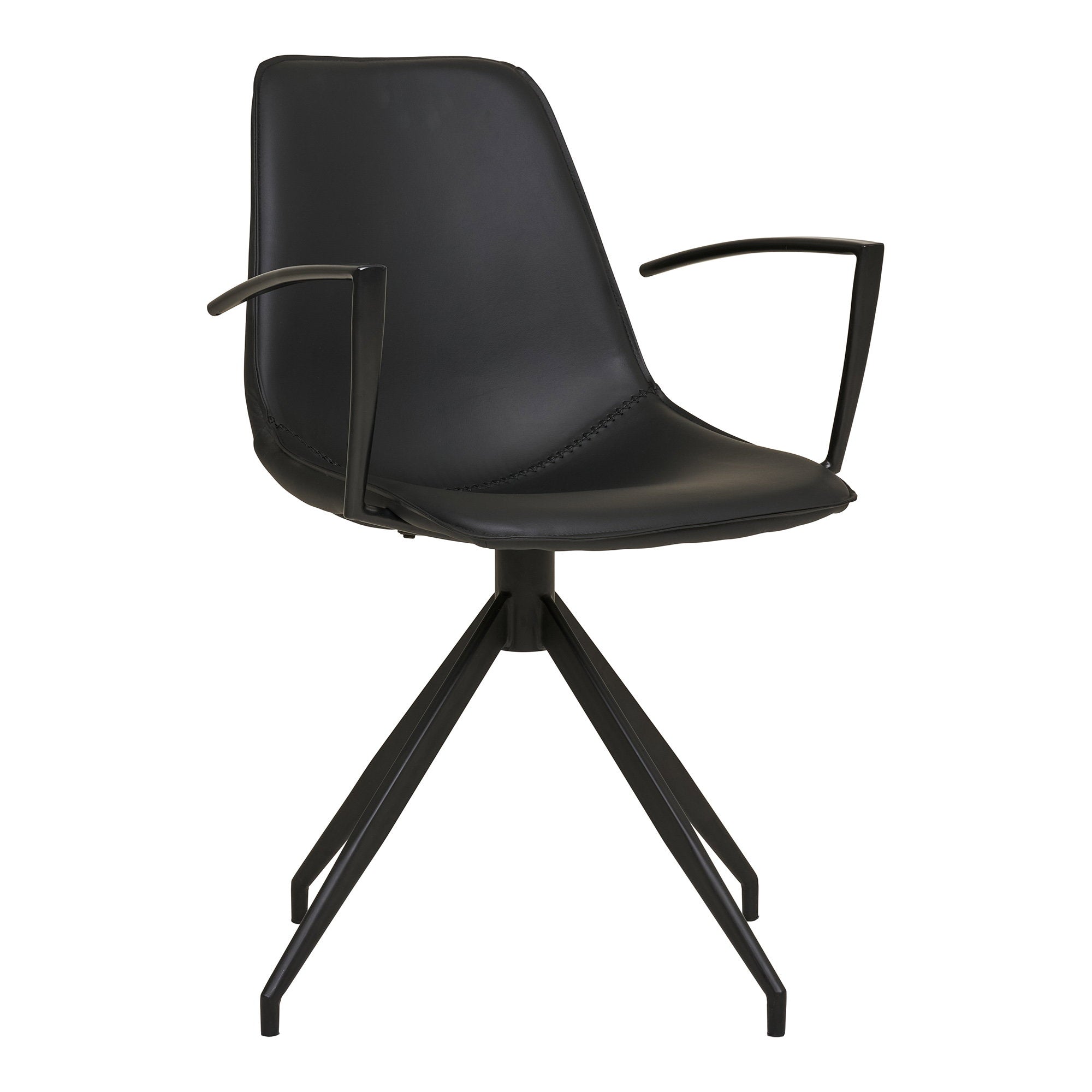 Fauteuil Monaco total look noir cuir PU avec accoudoirs métal angulaires et piètement étoile pivotant 360° vue trois quarts