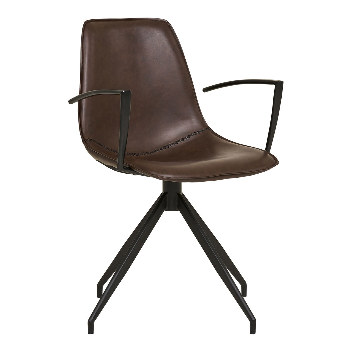 Fauteuil Monaco simili cuir marron foncé avec accoudoirs métal noir angulaires et piètement étoile pivotant 360° vue trois quarts