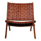 Fauteuil pliant Perugia cuir tressé cognac vue de face structure teck croisée en X