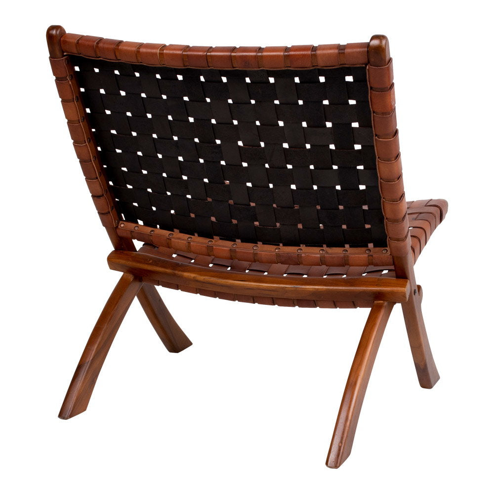 Fauteuil pliant Perugia vue arrière lanières simili cuir verso brun structure teck croisé