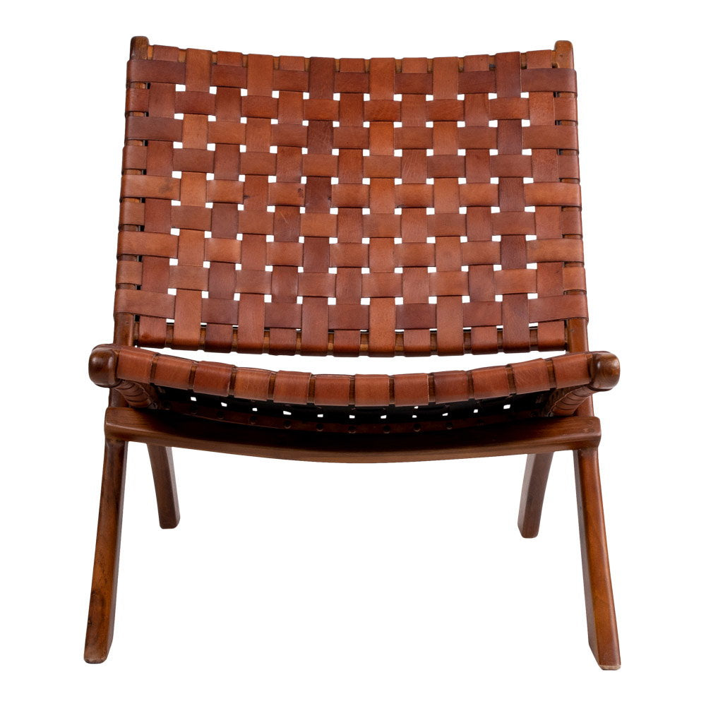Fauteuil pliant Perugia simili cuir tressé cognac vue de face structure teck croisée en X