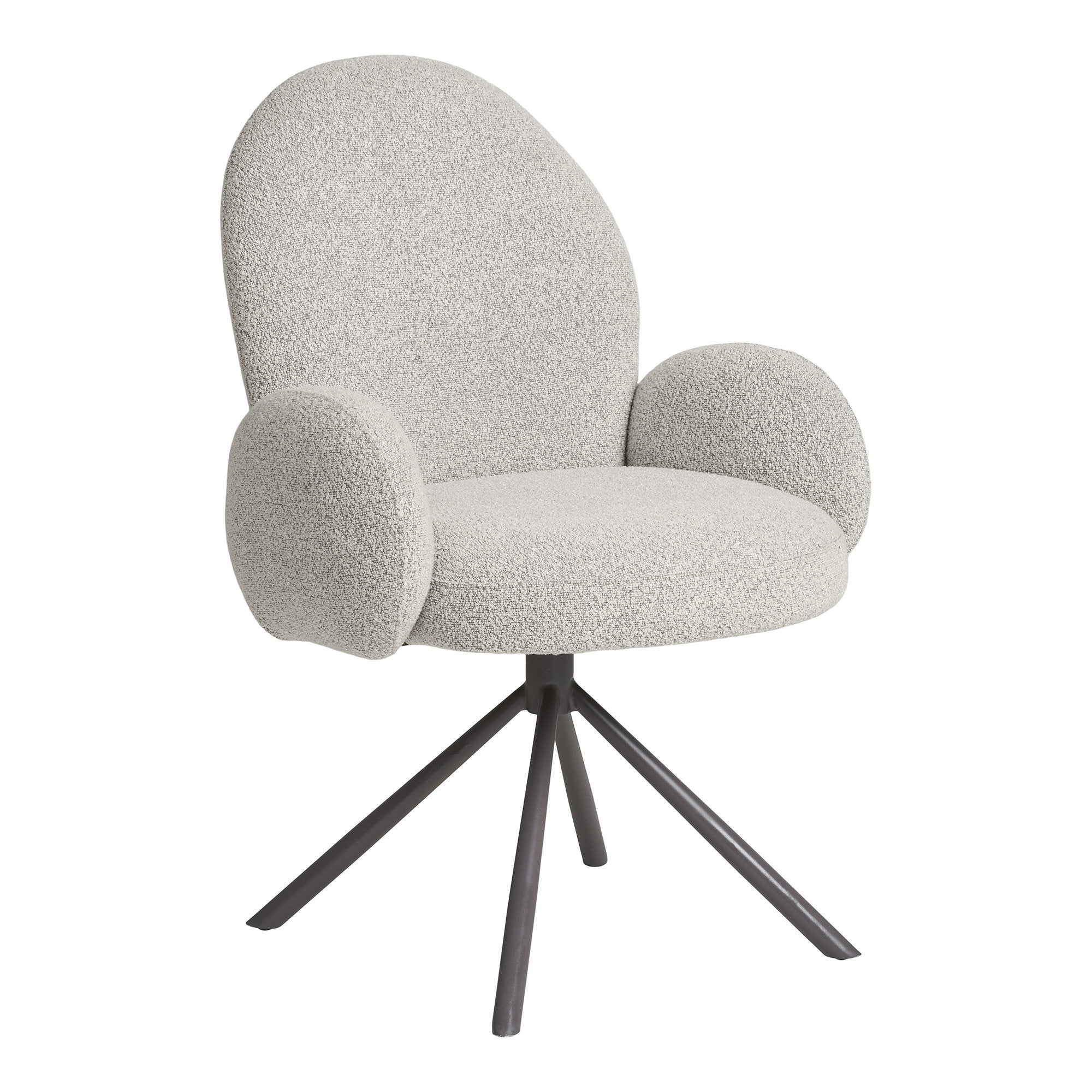 Fauteuil pivotant Lana bouclé sable accoudoirs gonflés dossier haut arrondi piétement étoile gris vue trois quarts