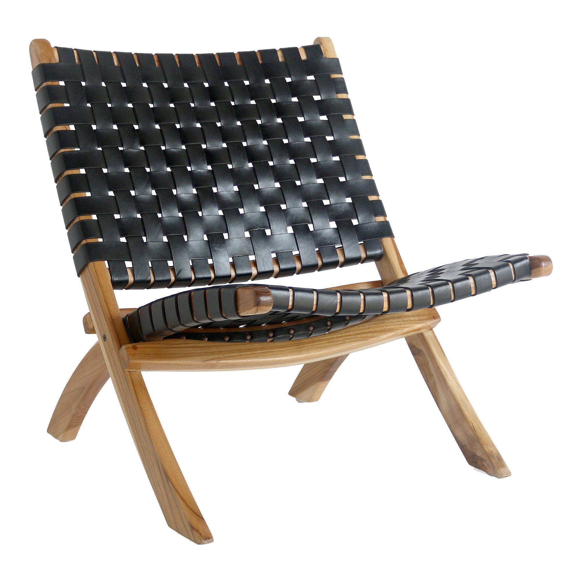 Fauteuil pliant lounge Perugia lanières cuir tressé noir intense pieds teck massif naturel clair vue trois quarts