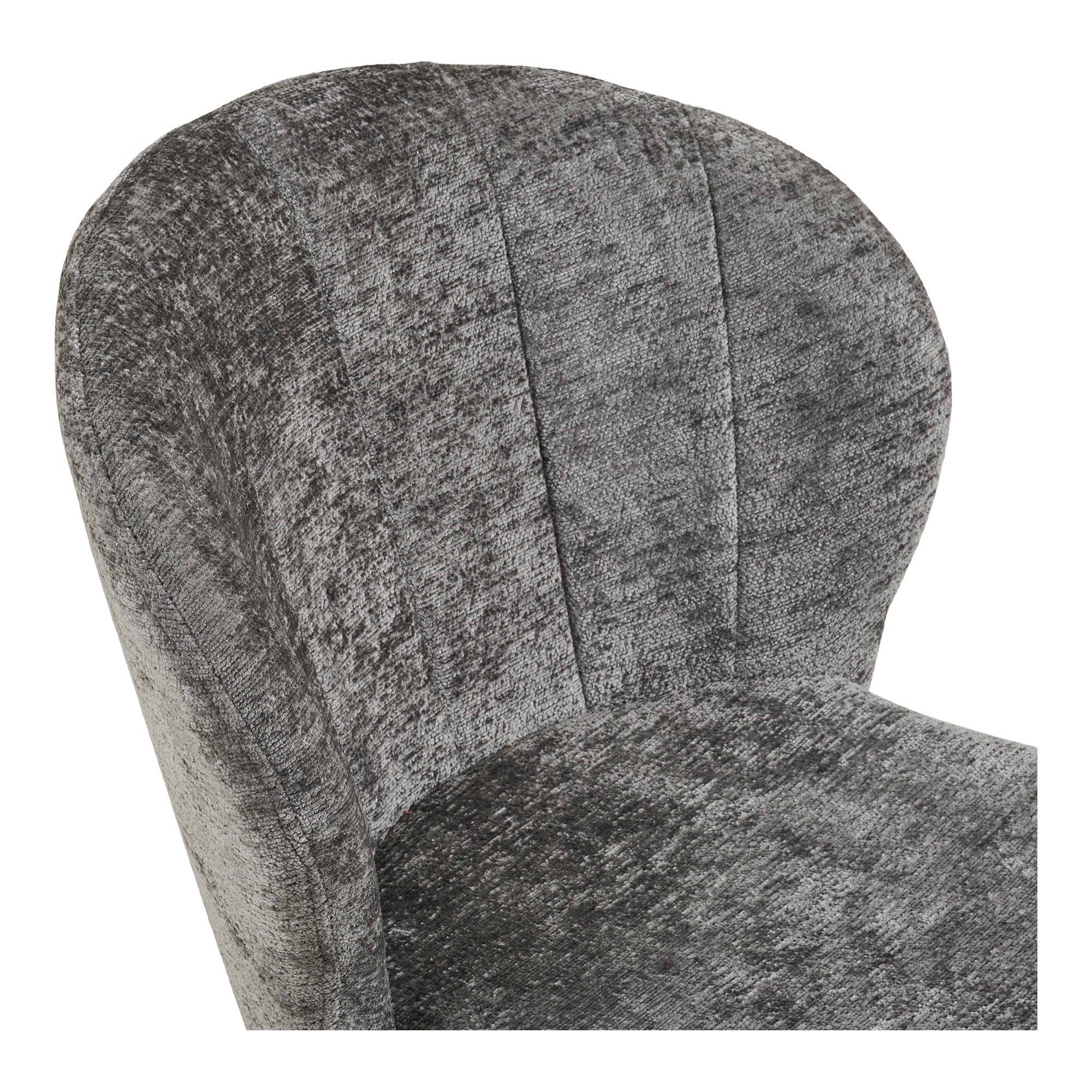 Gros plan dossier fauteuil Roanne texture chenille gris profond piqûres verticales rayonnantes