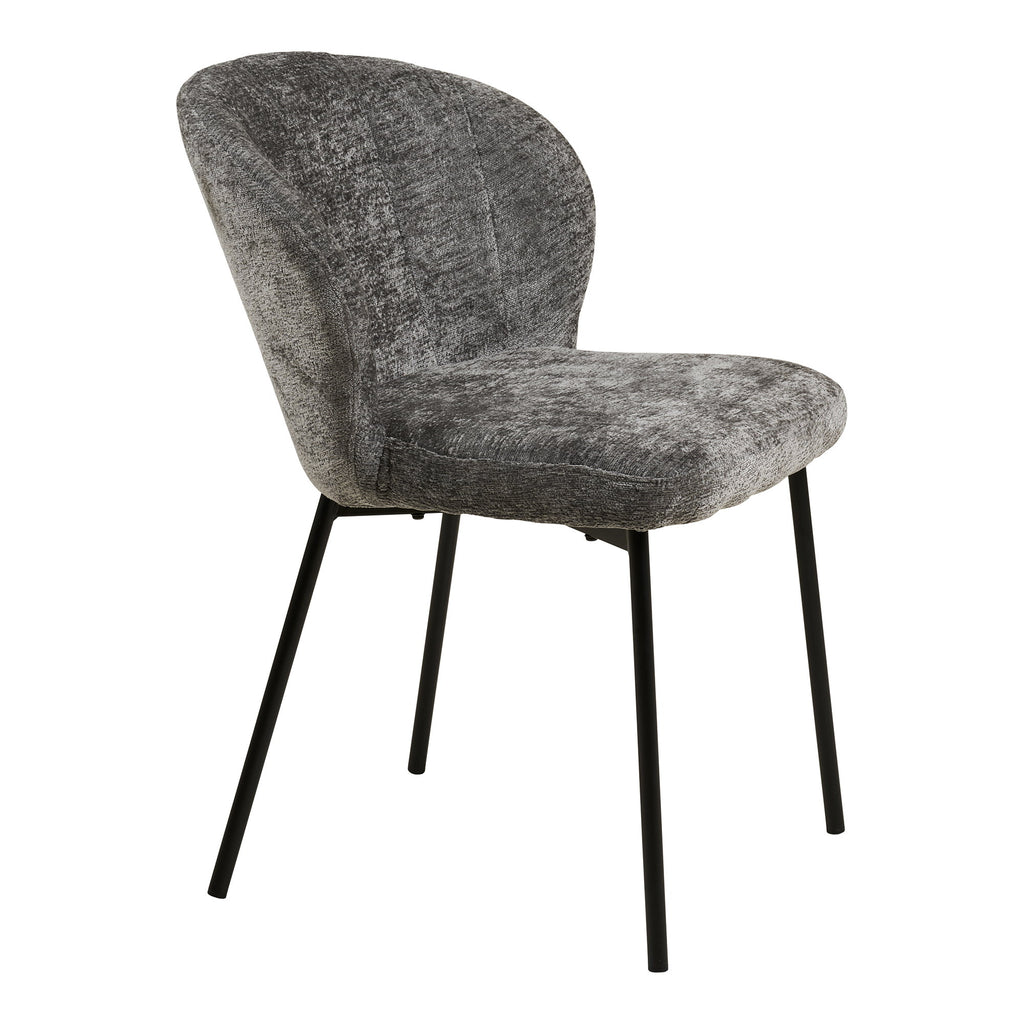 Fauteuil Roanne chenille gris profond vue trois quarts profil silhouette enveloppante pieds acier noir
