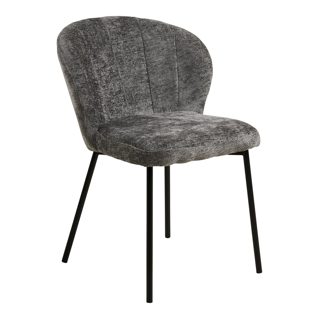 Fauteuil de salle à manger Roanne tissu chenille gris profond dossier éventail pieds acier noir vue trois quarts