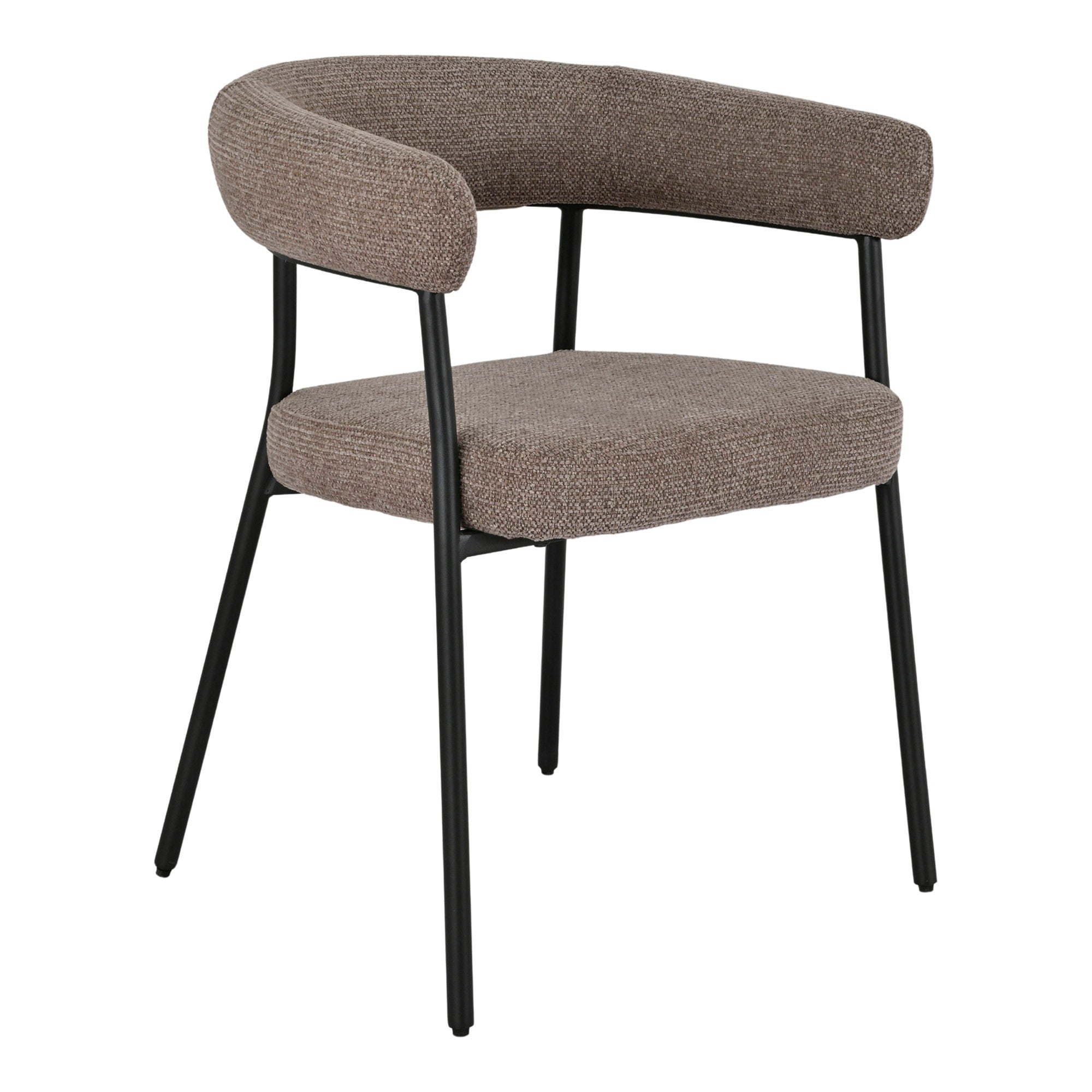 Fauteuil de salle à manger Trivio tissu bouclé brun taupe pieds acier noir mat vue trois quarts avant