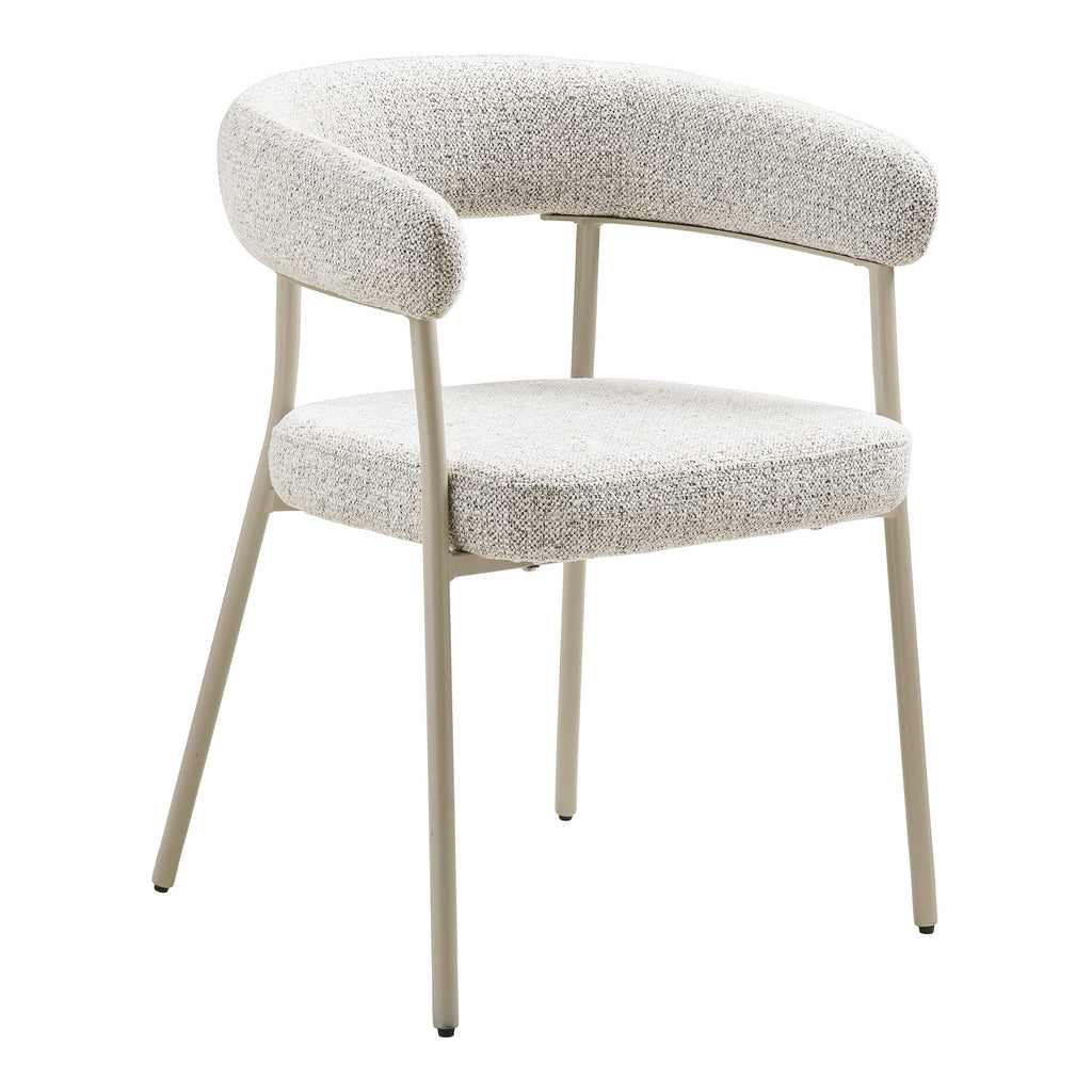 Fauteuil de salle à manger Trivio tissu bouclé gris chiné pieds acier sable vue trois quarts avant