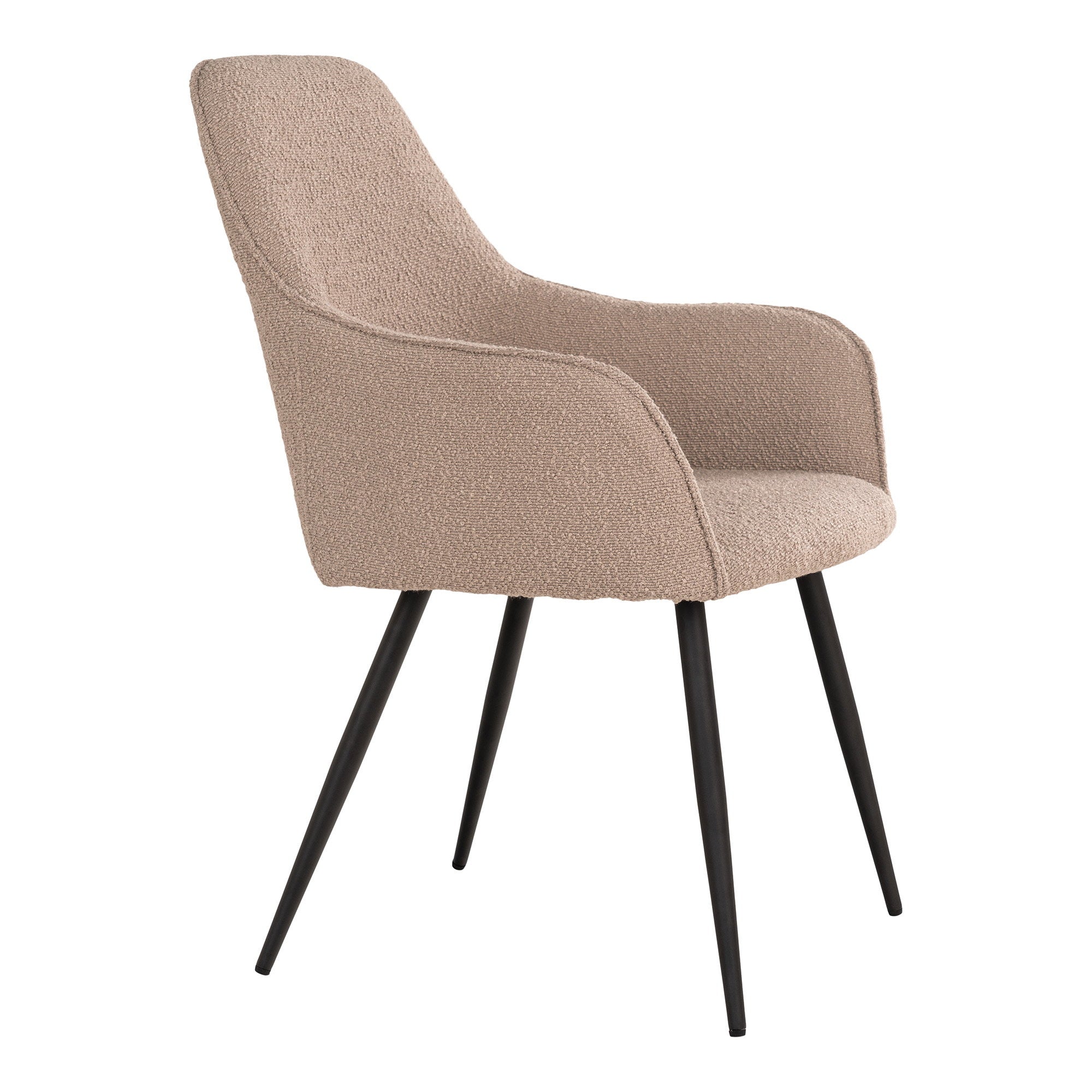 Fauteuil de table Harbo bouclé beige vue de profil accoudoirs et pieds métal noir