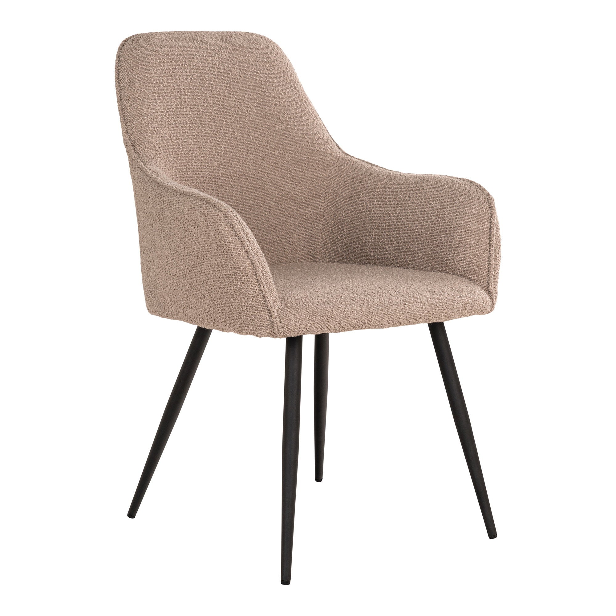 Fauteuil de table Harbo en tissu bouclé beige avec pieds acier noir vue trois quarts