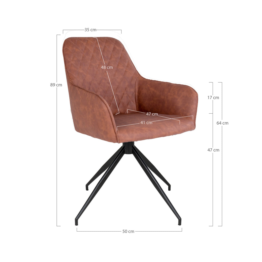Schéma dimensions fauteuil Harbo pivotant cuir vintage brun 56x62x89 cm hauteur assise 47 cm pied étoile
