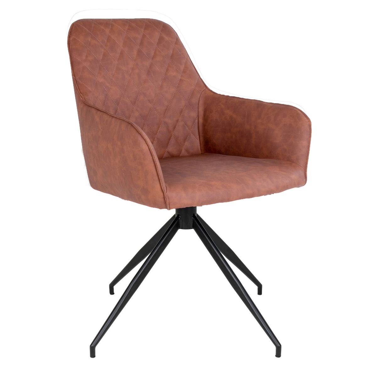 Fauteuil de table Harbo pivotant en simili cuir vintage brun matelassé losanges avec pied étoile acier noir vue trois quarts