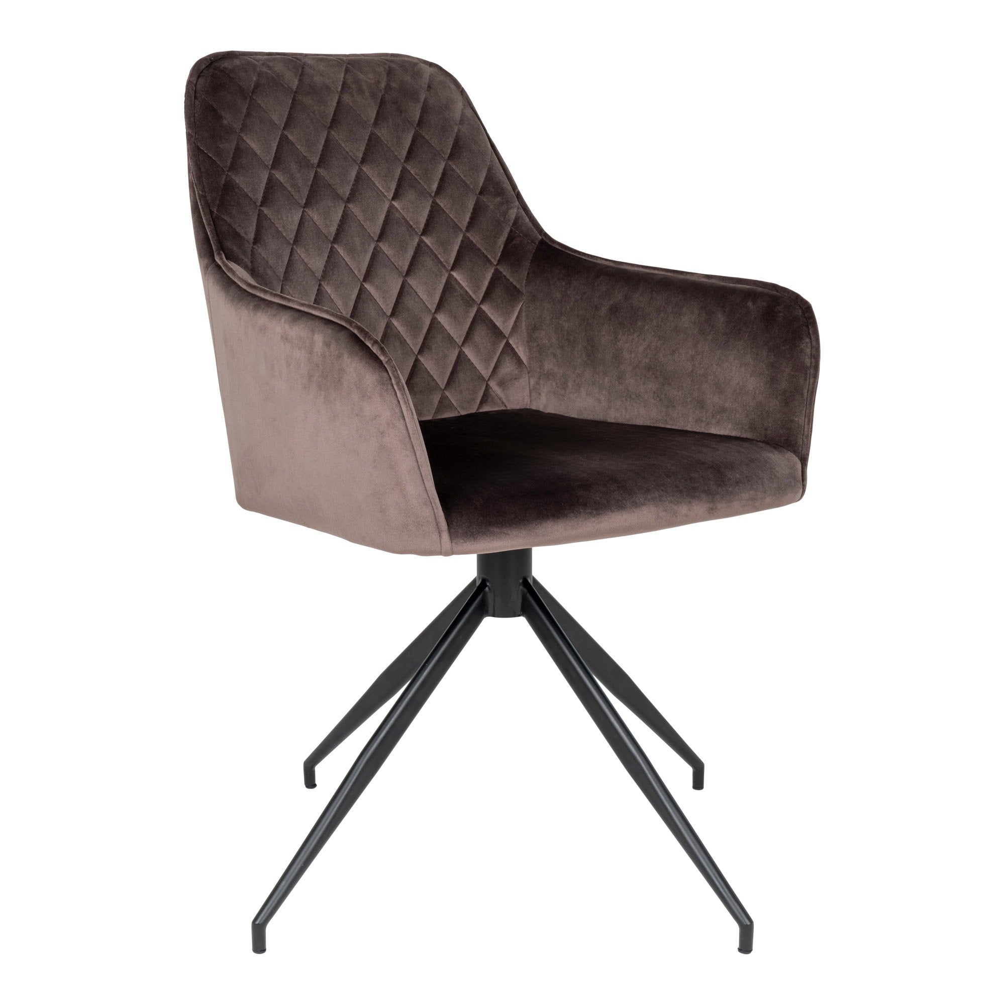 Fauteuil de table Harbo pivotant en velours mushroom matelassé losanges avec pied étoile acier noir vue trois quarts