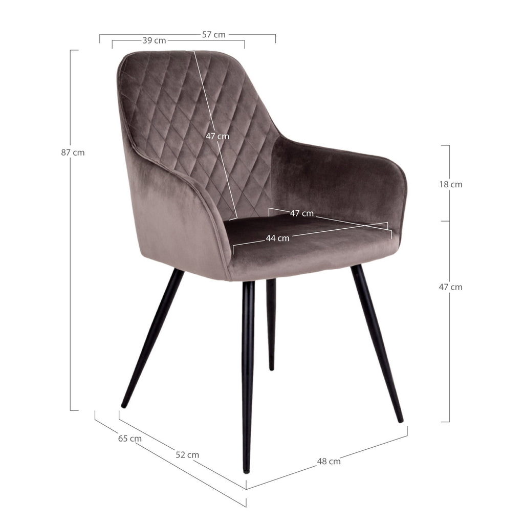 Schéma dimensions fauteuil Harbo velours mushroom 57x65x87 cm hauteur assise 47 cm