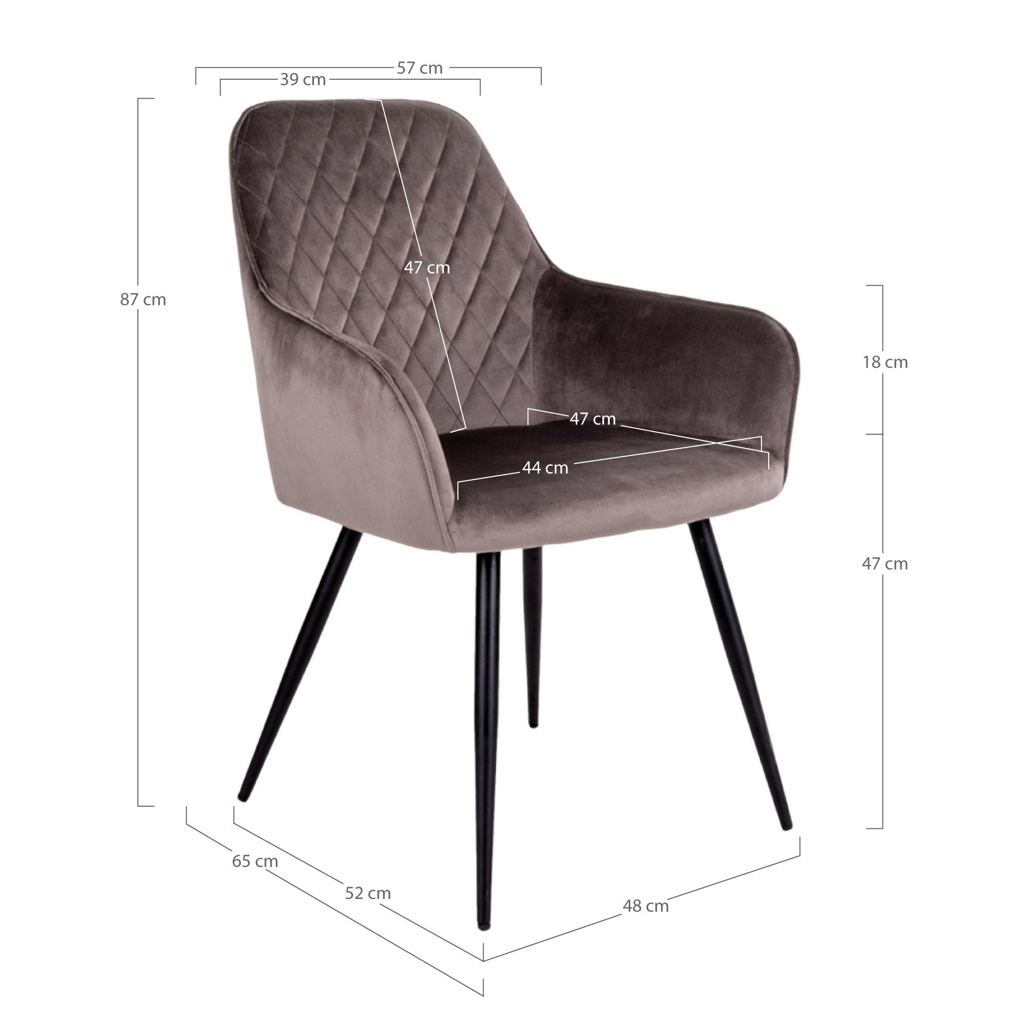 Schéma dimensions fauteuil Harbo velours mushroom 57x65x87 cm hauteur assise 47 cm