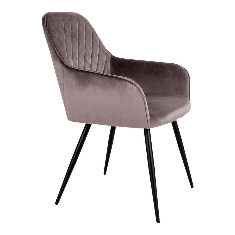 Fauteuil de table Harbo velours mushroom vue de profil accoudoirs enveloppants pieds métal noir