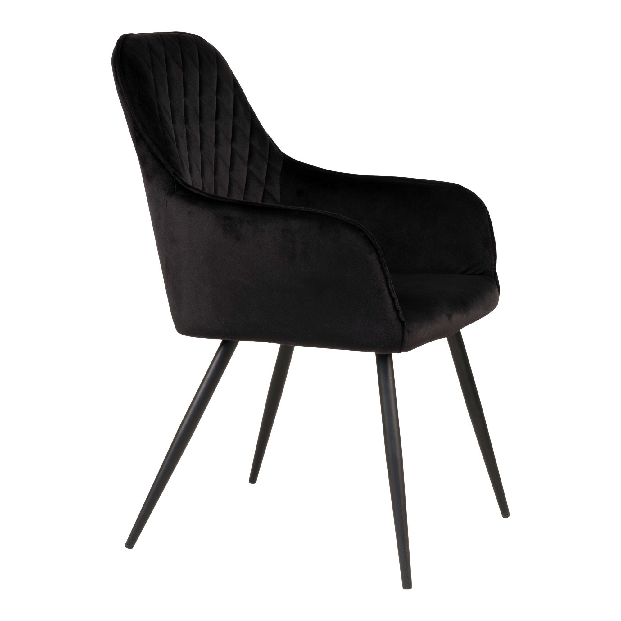 Fauteuil de table Harbo velours noir vue de profil accoudoirs enveloppants pieds métal noir
