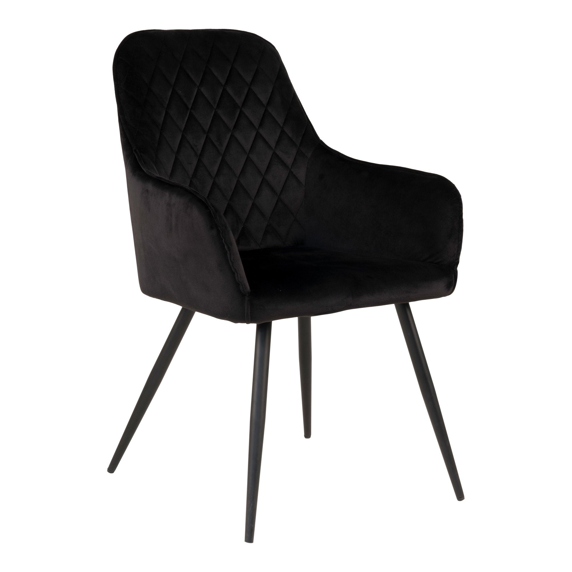 Fauteuil de table Harbo en velours noir matelassé losanges avec pieds acier noir vue trois quarts