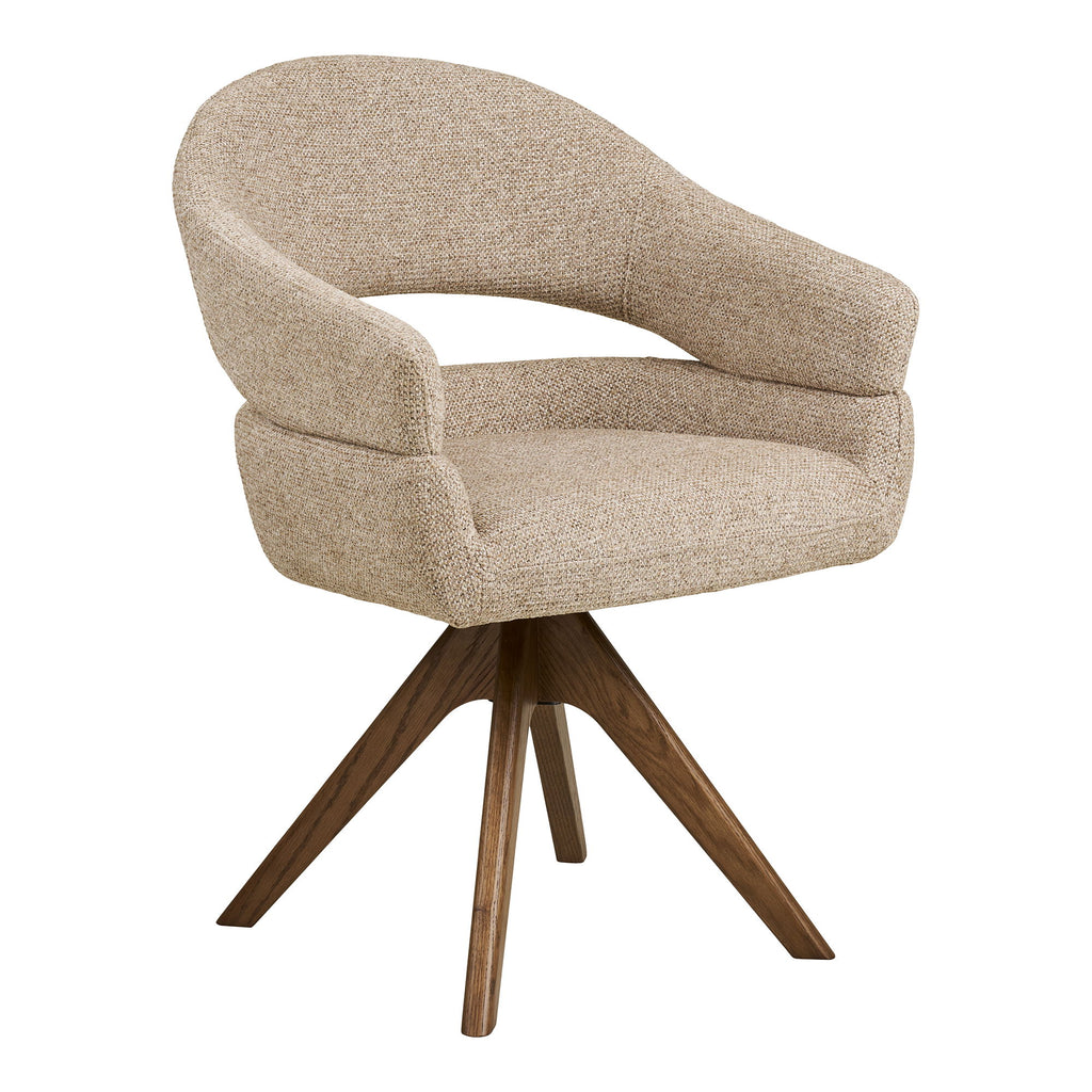 Fauteuil de table pivotant Dover tissu bouclé sable naturel piètement étoile chêne brun vue trois quarts