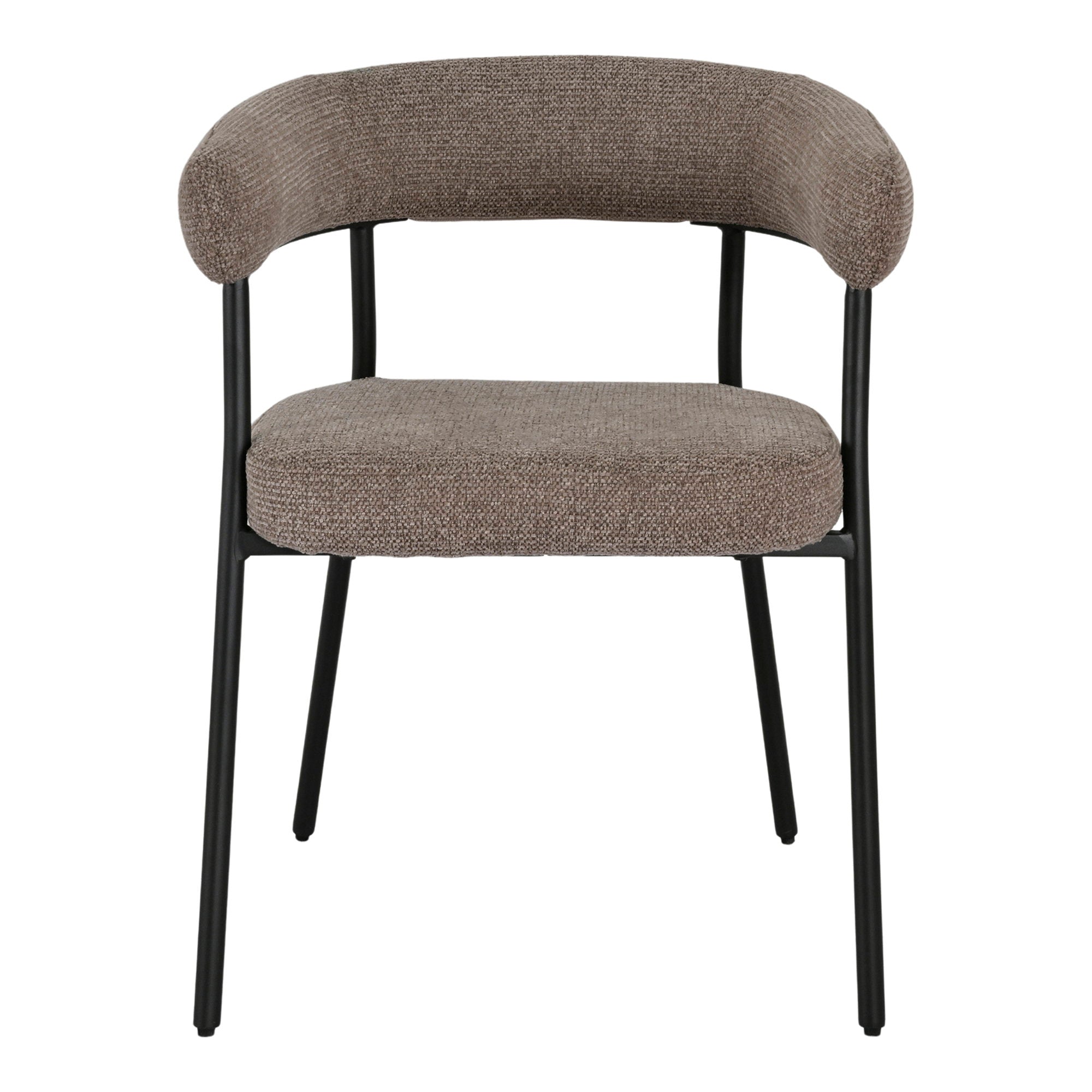 Fauteuil Trivio bouclé brun taupe vue de face dossier arc ouvert rembourré pieds noirs