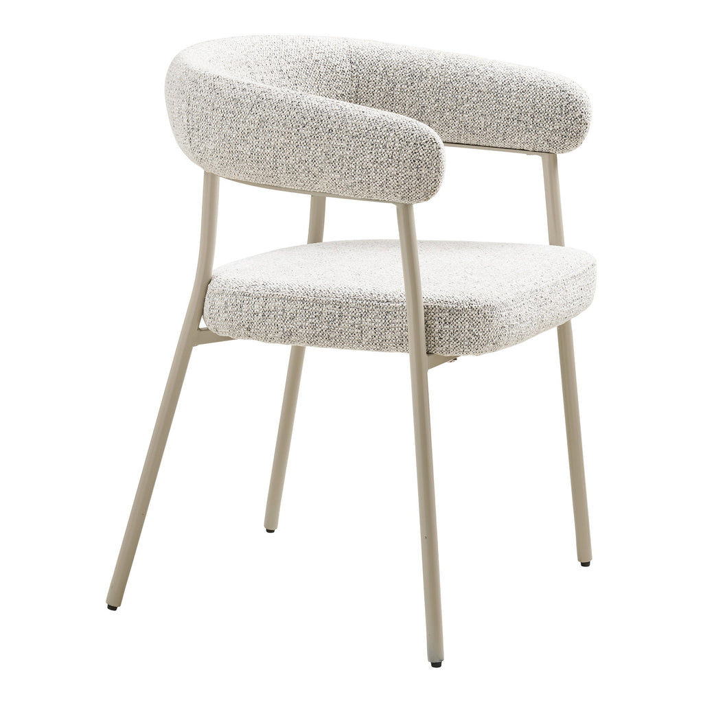 Fauteuil Trivio bouclé gris vue trois quarts dossier arrondi ouvert structure acier sable