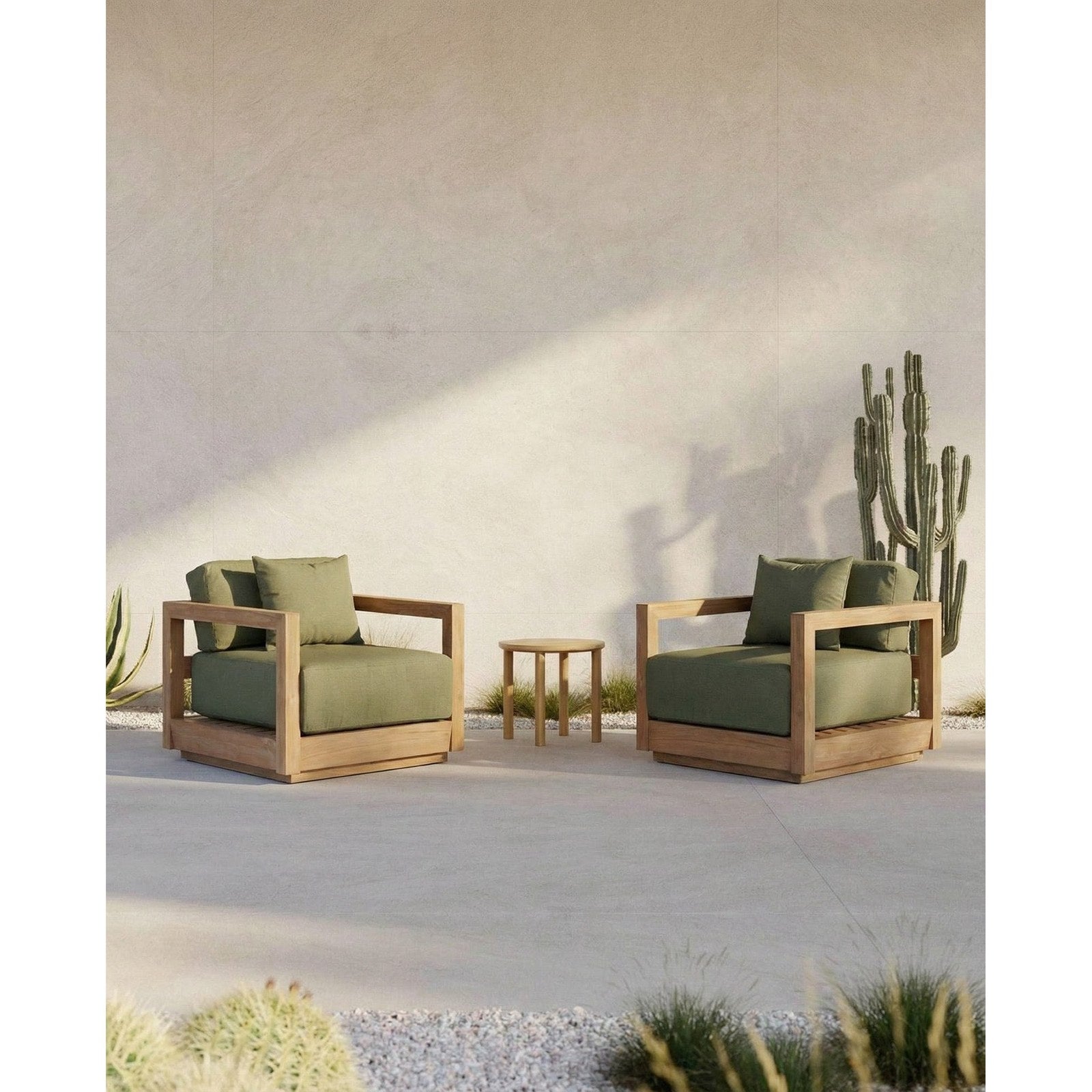 Fauteuil Umalas teck recyclé et coussins verts, vue 3