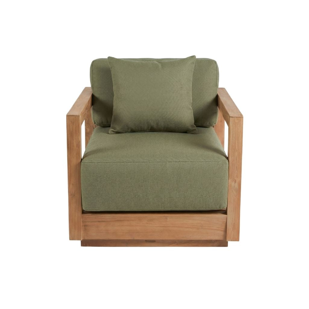 Fauteuil Umalas teck recyclé et coussins verts, vue 4