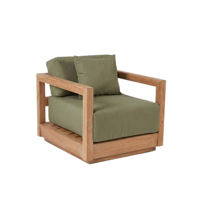 Fauteuil Umalas teck recyclé et coussins verts
