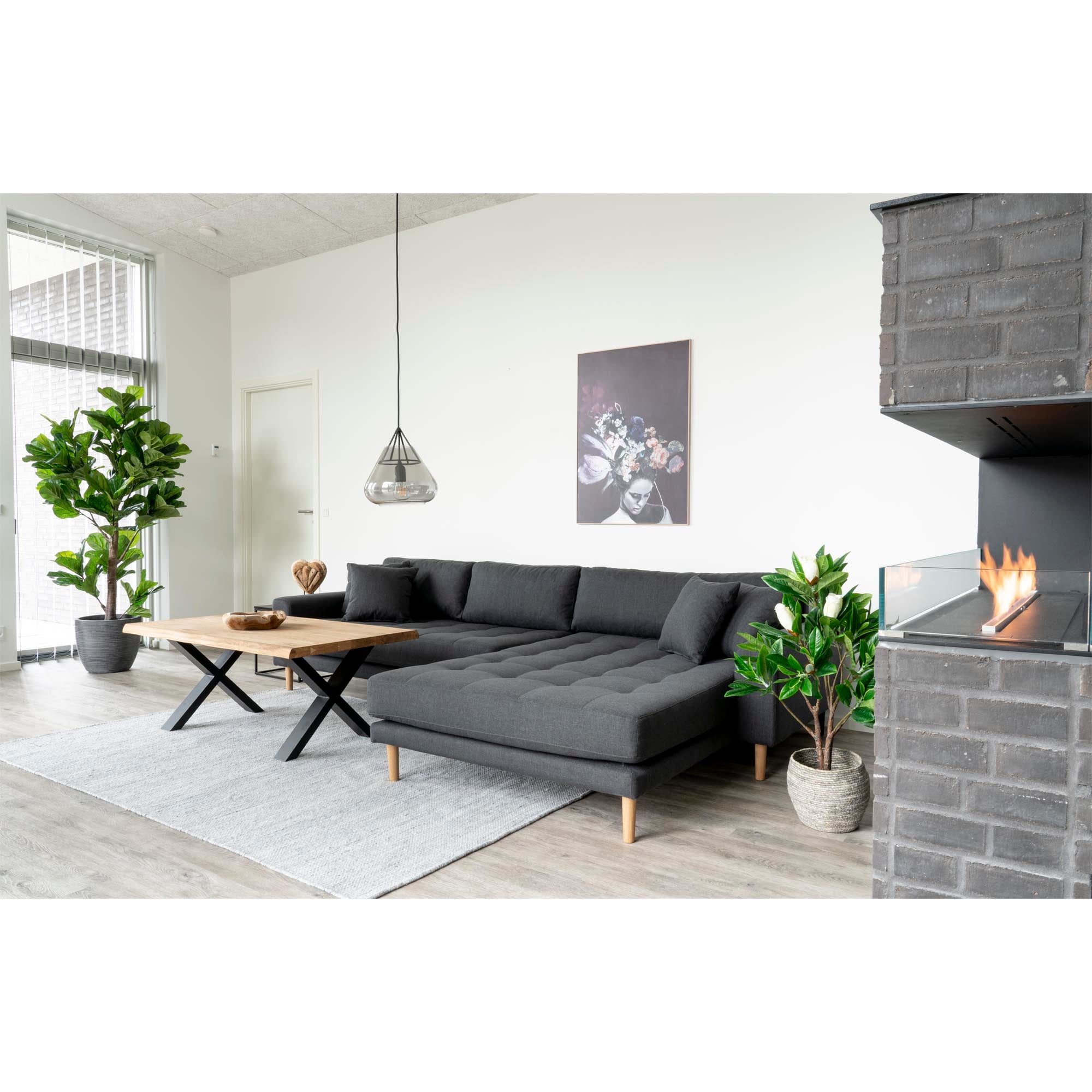 Deux ficus lyrata artificiels dans caches-pots noirs salon moderne contemporain avec canapé anthracite