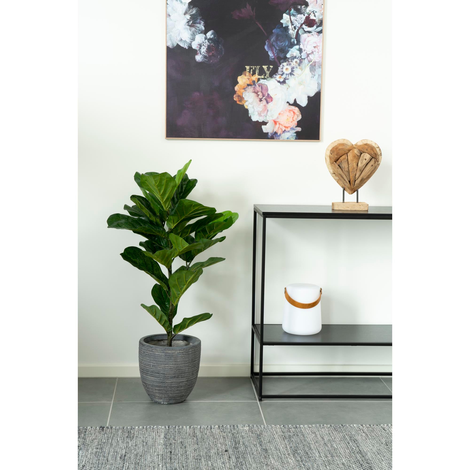 Arbre artificiel Ficus Lyrata cache-pot béton gris entrée console métal contemporain