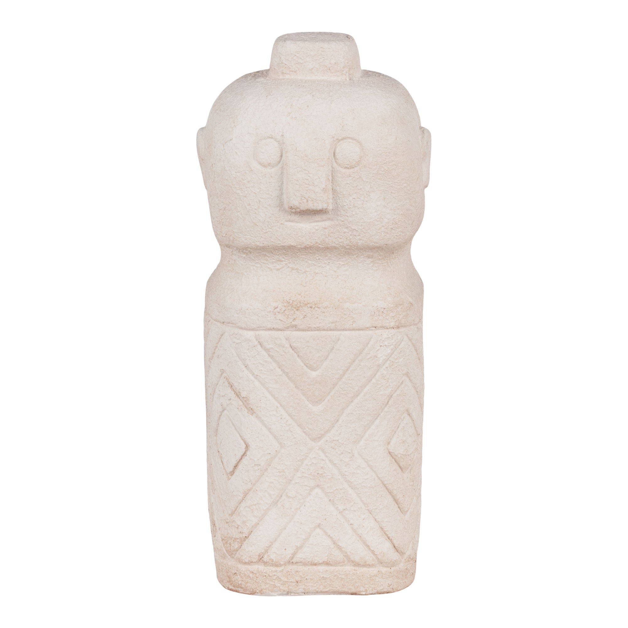Figurine ciment beige sablé idole anthropomorphe motifs géométriques vue de face