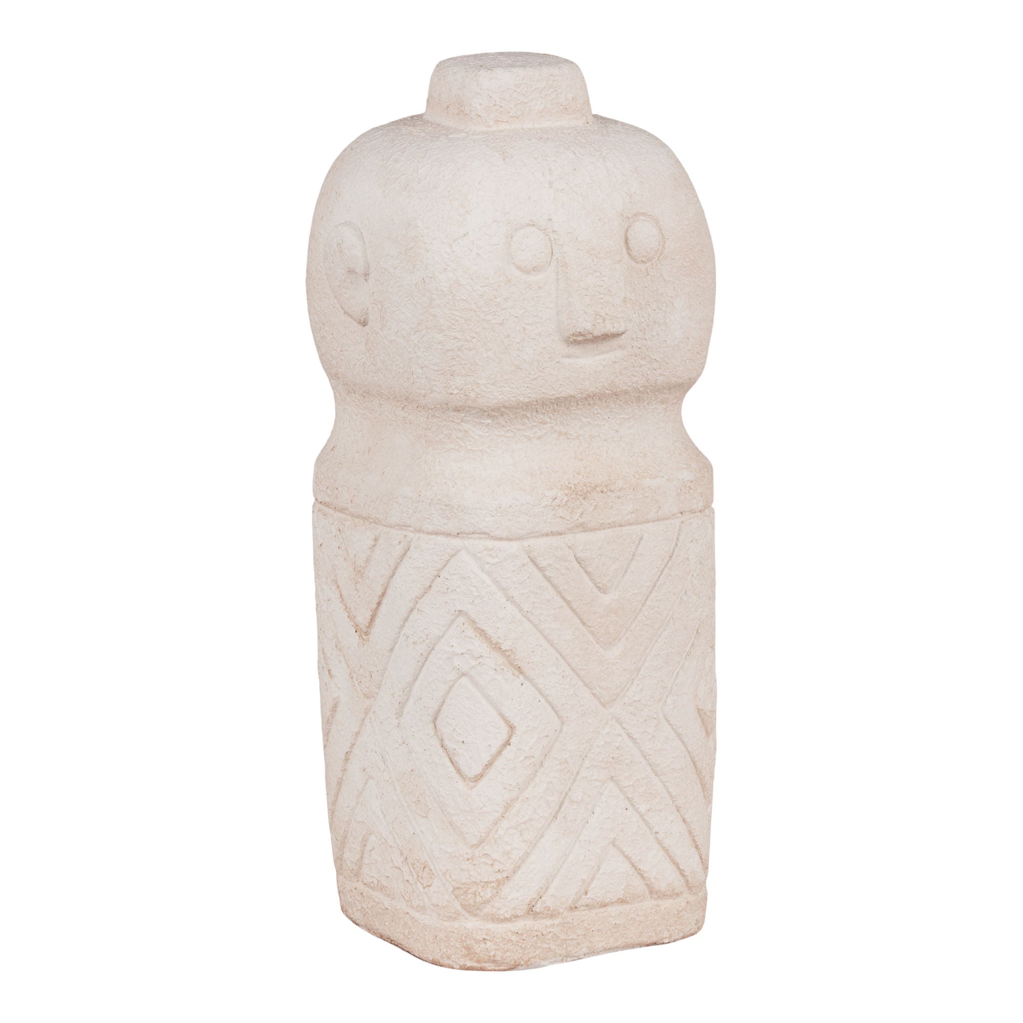 Figurine décorative ciment beige idole tribale gravée 6,5x15 cm vue trois quarts