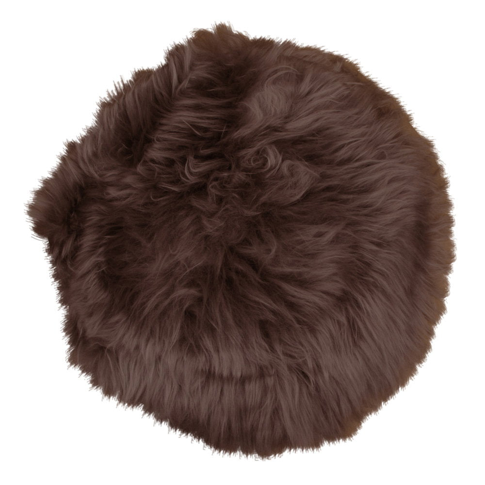 Galette de chaise ronde vraie peau d'agneau brune Ø35 cm poil naturel bouclé vue du dessus