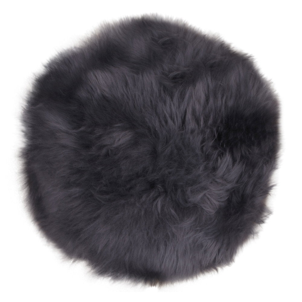 Galette de chaise ronde vraie peau d'agneau grise Ø35 cm poil naturel long vue du dessus