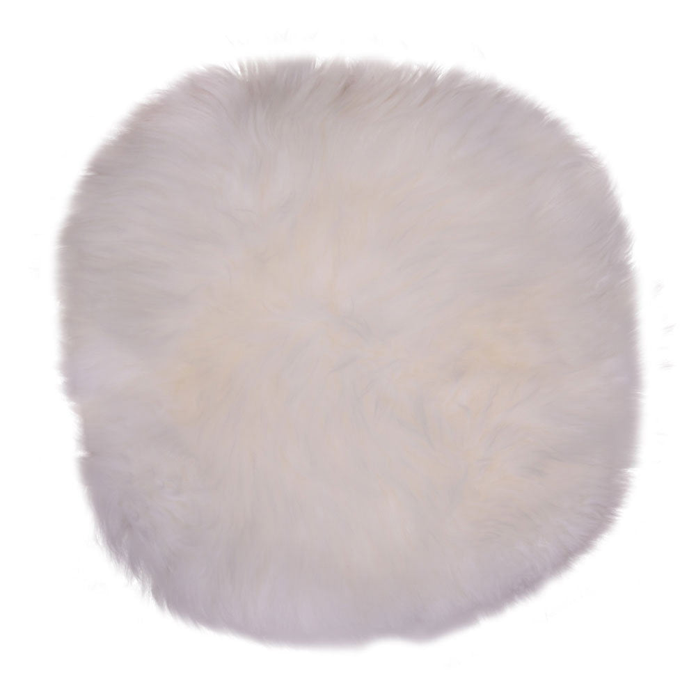 Galette de chaise ronde vraie peau d'agneau ivoire Ø35 cm poil naturel long vue du dessus
