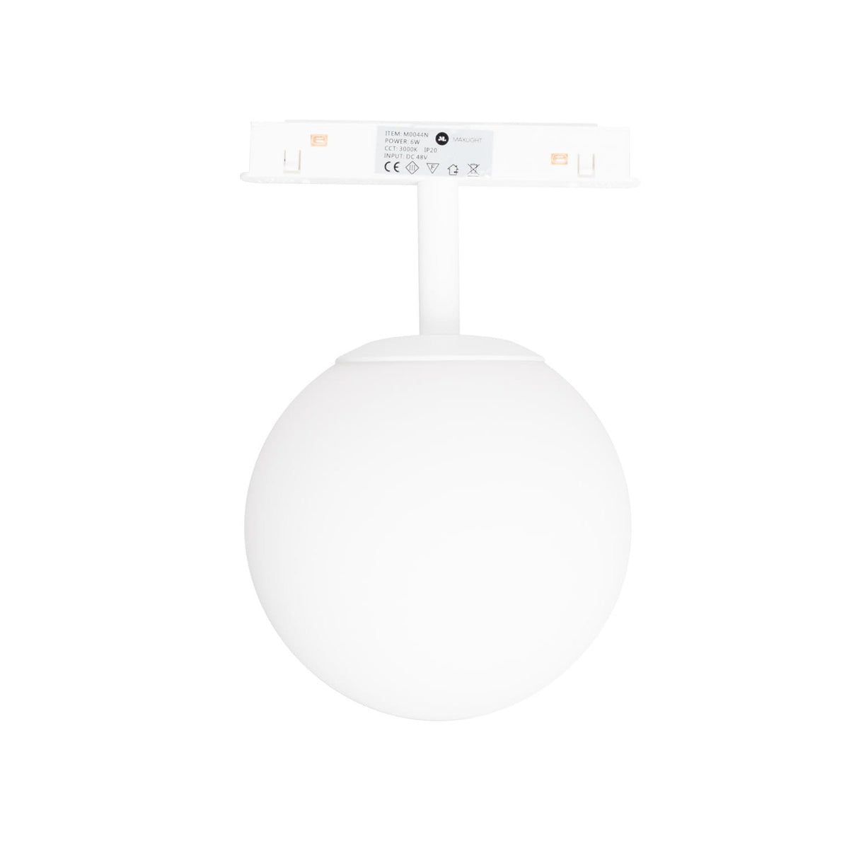 Globe opale sur rail Magnetic métal blanc vu de face sous son adaptateur à contacts