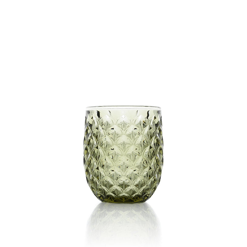 Dimensions Gobelet à relief losangé en verre vert olive 10 cm