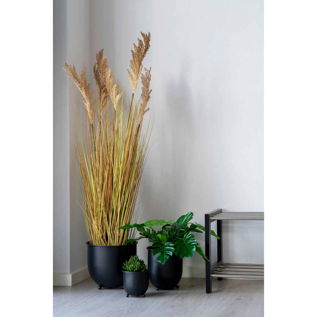 Graminée Sorghum artificielle dans cache-pot métal noir composition végétale avec monstera et plantes vertes