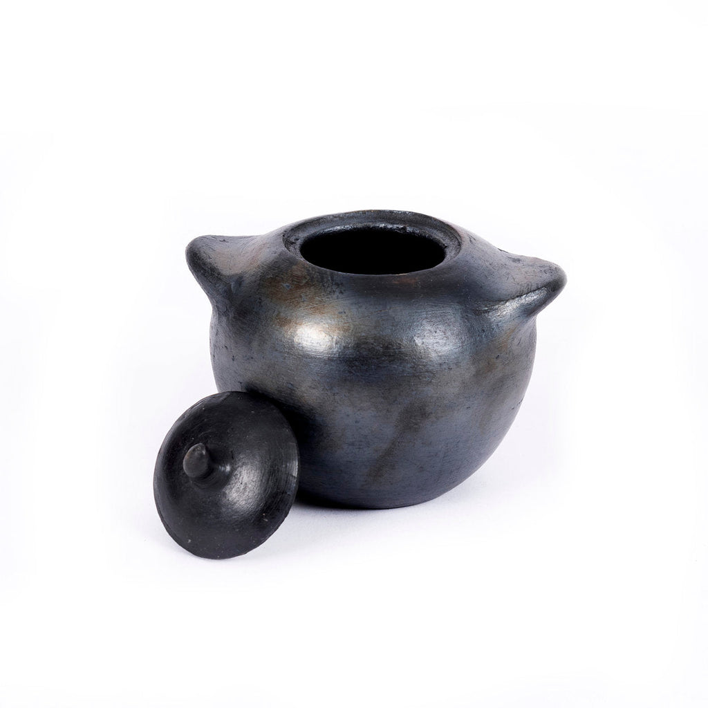 Grand pot à couvercle en terre cuite noircie au feu 14 cm, vue 4