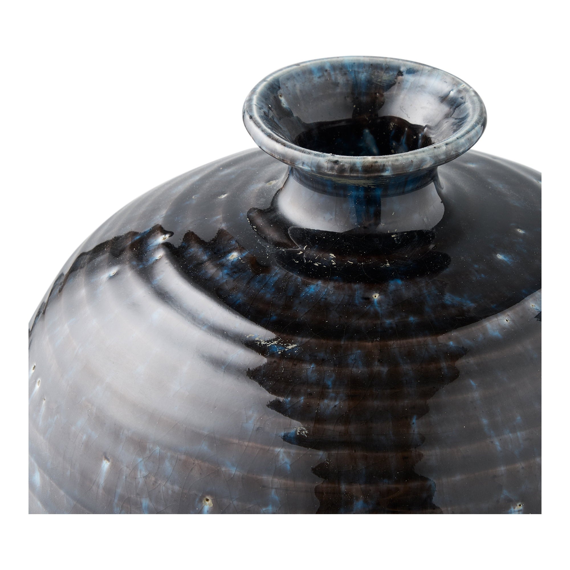 Grand vase céramique bleu nuit détail col trompette glaçure brillante reflets cobalt