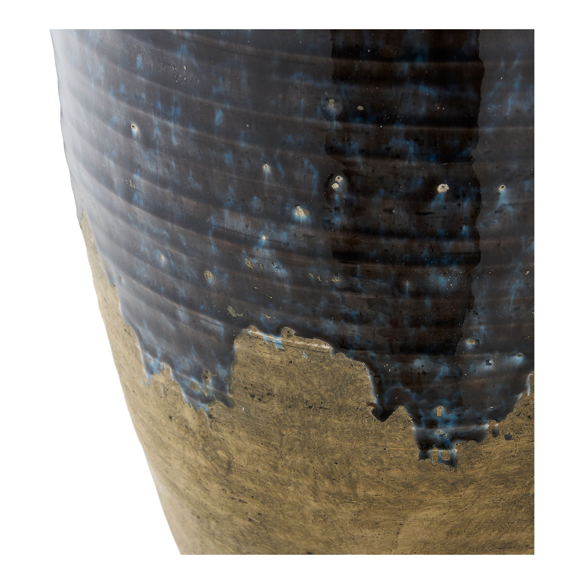 Grand vase céramique bleu nuit détail frontière coulures glaçure cobalt sur grès brut ocre