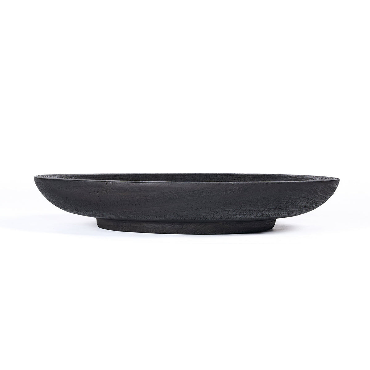 Grande coupe décorative Bowlzilla en bois noirci vue de profil sur son pied annulaire