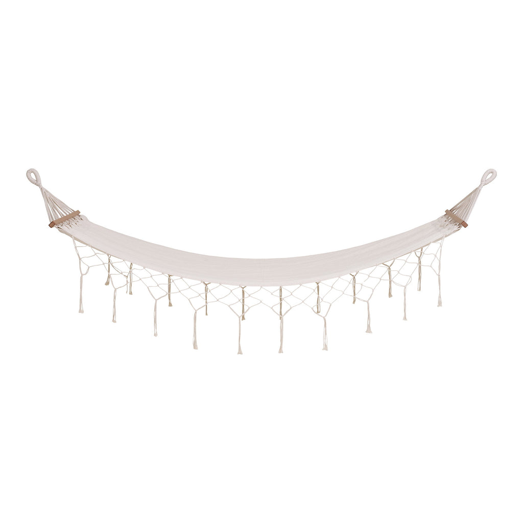 Hamac Edessa coton blanc cassé franges macramé barres mélèze, vue de face