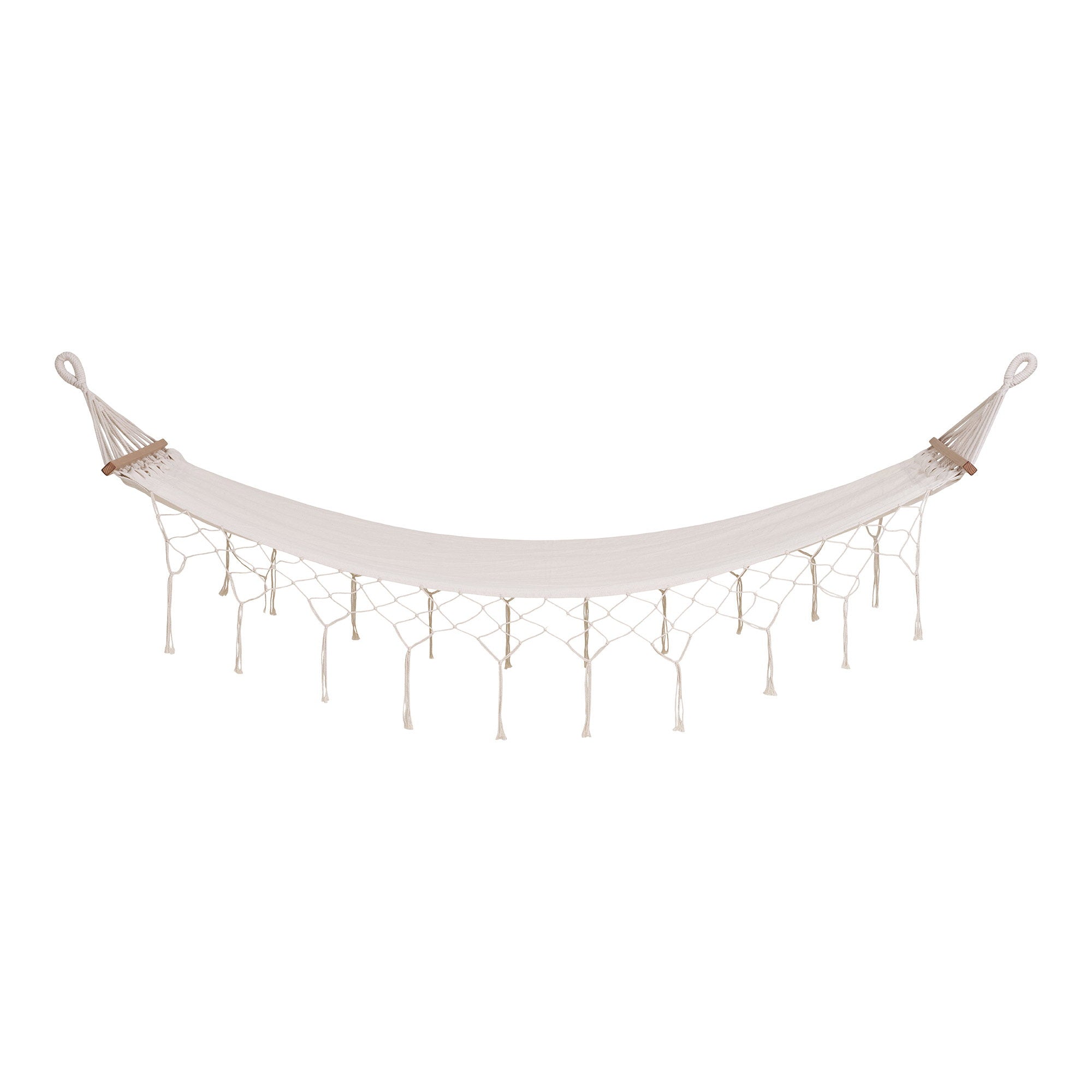 Hamac Edessa coton blanc cassé franges macramé barres mélèze, vue de face