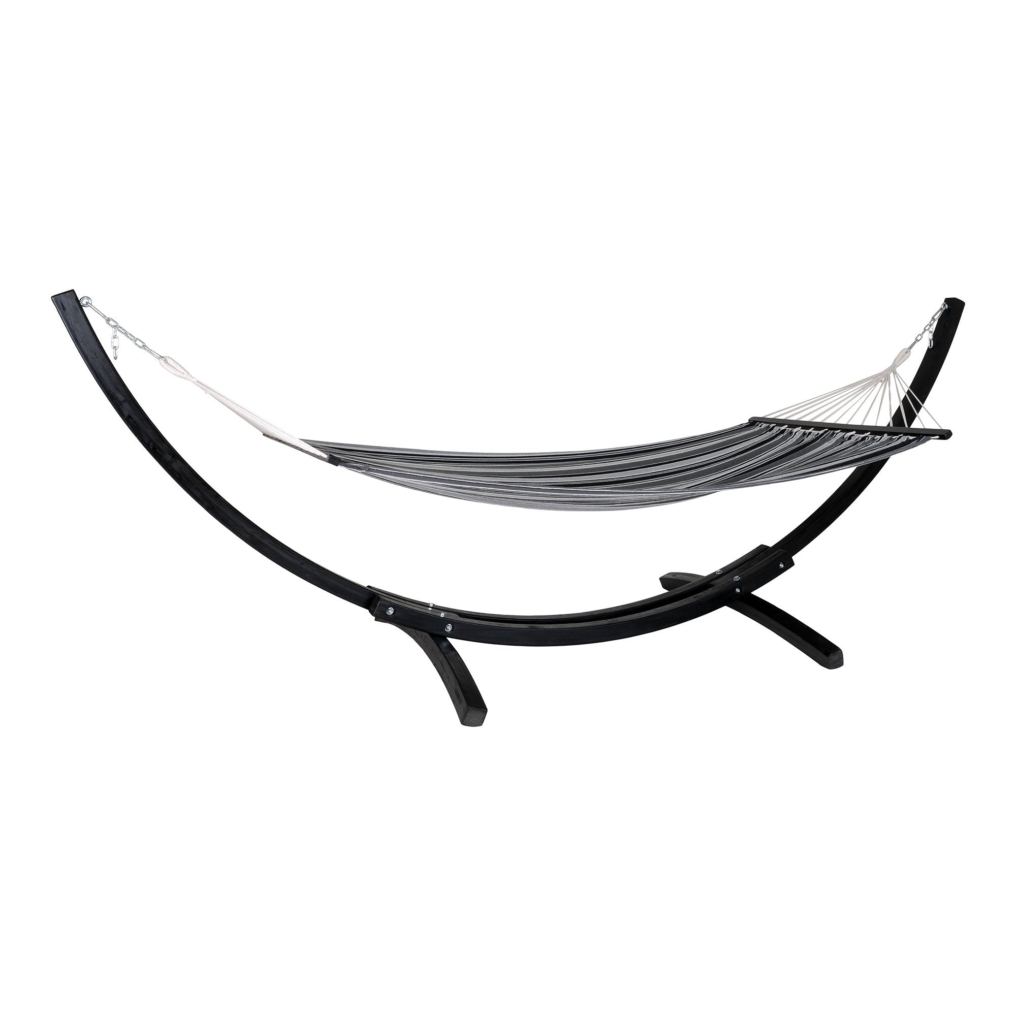 Hamac Tripoli rayé noir gris support arceaux bois noir, vue trois quarts