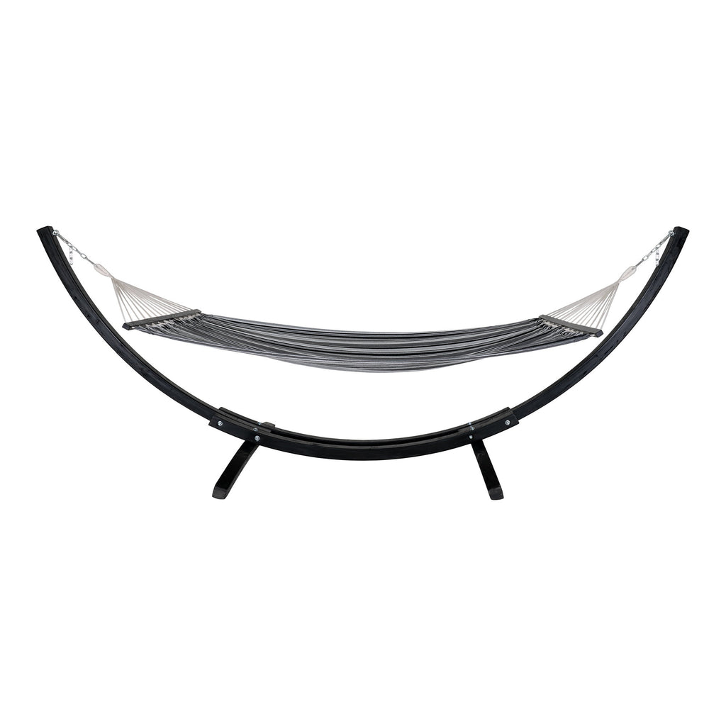 Hamac sur support Tripoli coton rayé noir gris arceaux bois laqué noir, vue de face